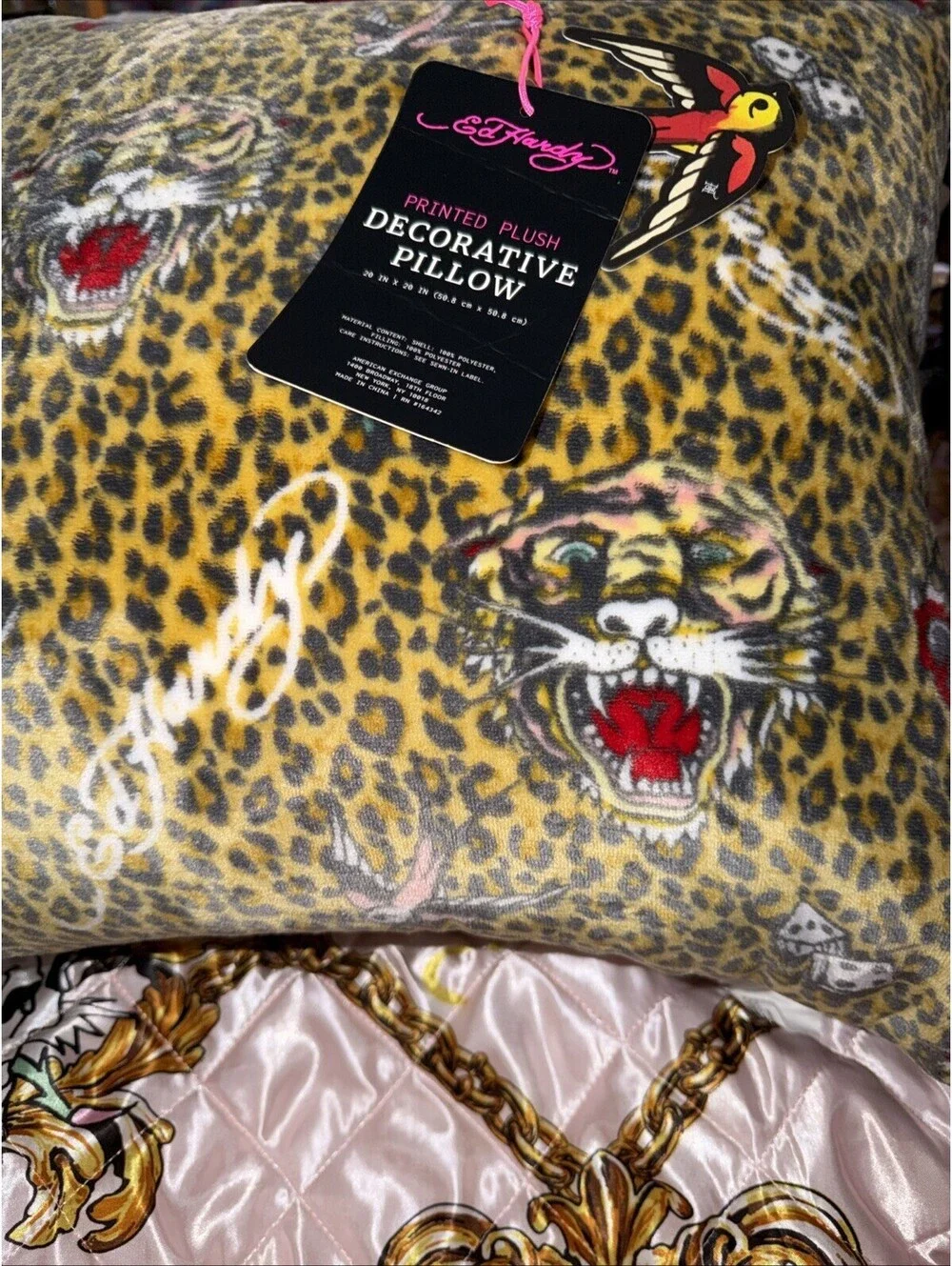 Ed Hardy Tattoo Leopard Print Velvet Decorative Pillows - 20x20
